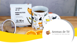 logo de aromas de té con productos de té de fondo