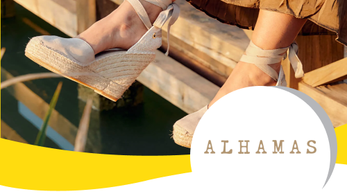 logo de alhamas con espardeñas con cuña de fondo