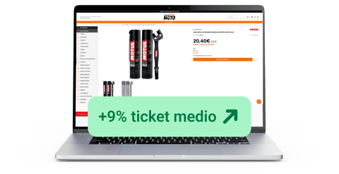 página de producto de Outlet Moto con un recuadro verde que muestra un +9% de aumento del ticket medio