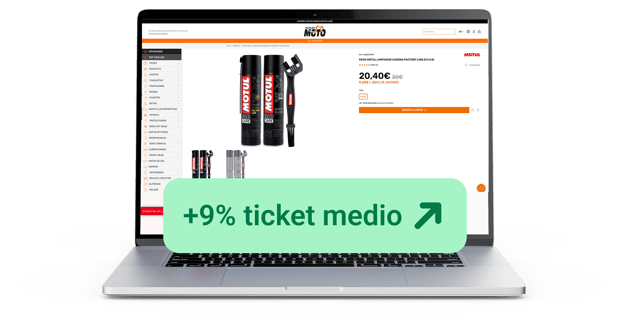 página de producto de Outlet Moto con un recuadro verde que muestra un +9% de aumento del ticket medio