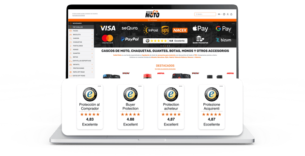 homepage de outlet moto con los trustbadges internacionales de Trusted Shops