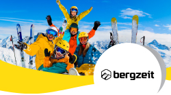 logo de bergzeit con personas esquiando en el fondo