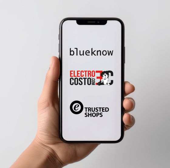 pantalla de mobil con logos de blueknow y electrocosto y trusted shops