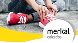 logo de merkal calzados con una persona con zapatillas de deporte rojas en el fondo