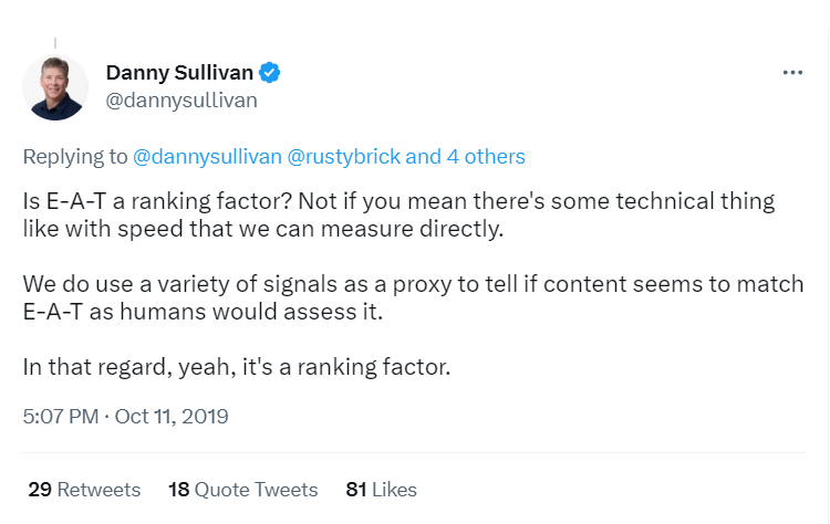 Danny Sullivan responde a una pregunta sobre EAT en Twitter