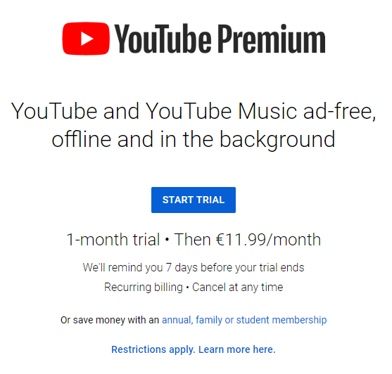 youtube ofrece premium trial offer