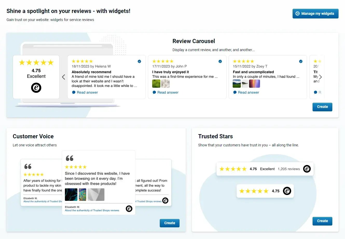 selección de widgets de opiniones de eTrusted