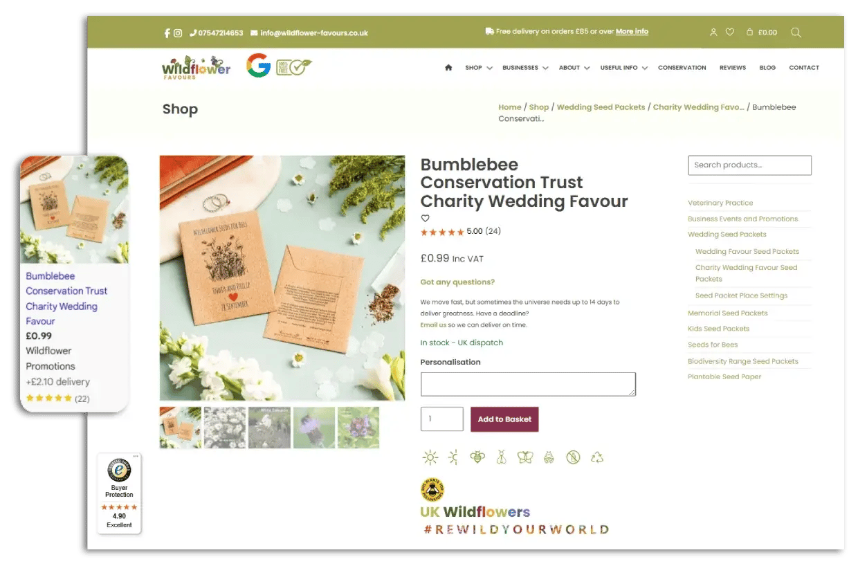 página de producto de la tienda online wildflowers