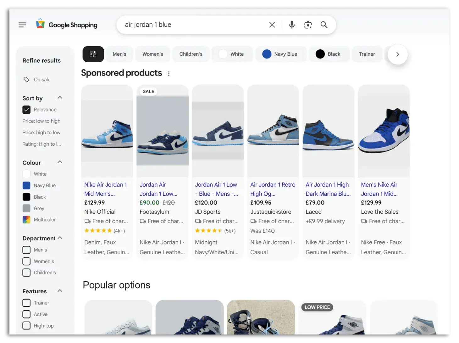 resultados de zapatillas nike en la plataforma de Google Shopping