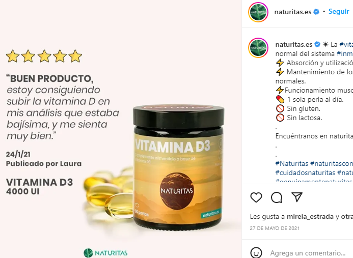 Post en Twitter de la marca Naturitas muestra un producto y sus estrellas de valoracion