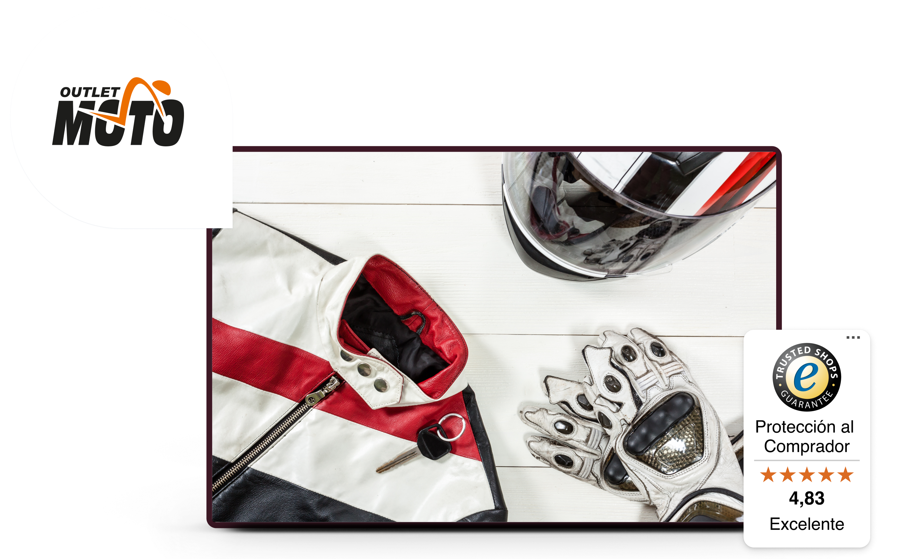 productos para motoristas junto al logo de Outlet Moto y el Trustbadge de Trusted Shops